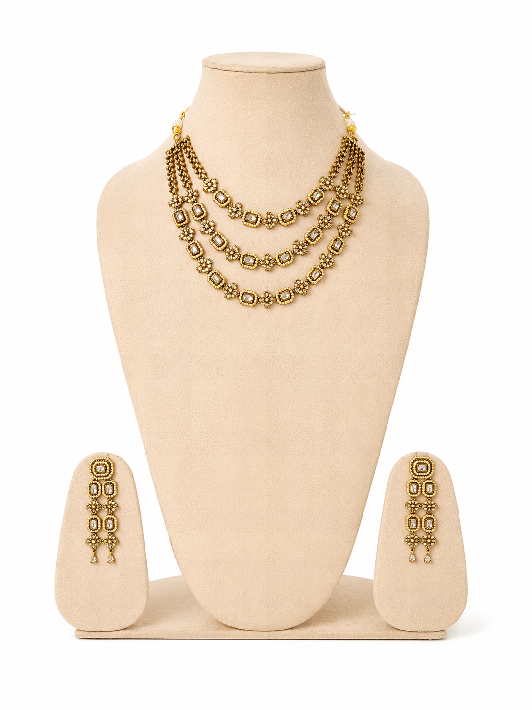 Luxury American Diamond Triple Layer Necklace & Earrings Set for Women
