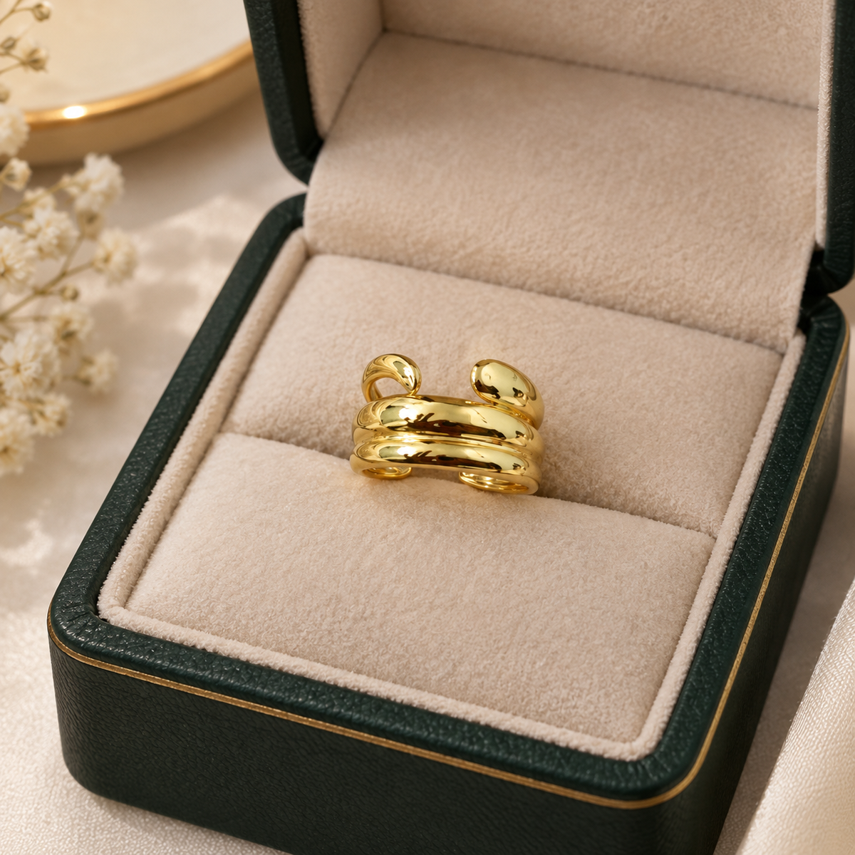Anti tarnish Gold Tone Open Cuff Ring for Women – Chunky Triple Band Statement Ring