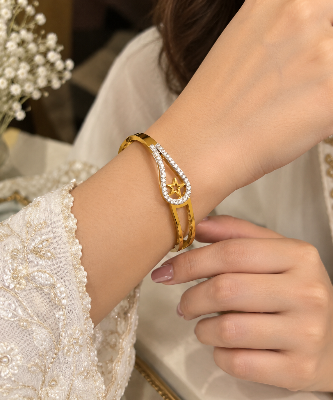 Anti tarnish Gold-Tone Crystal Star Bracelet for Women | Elegant Statement Cuff Bracelet