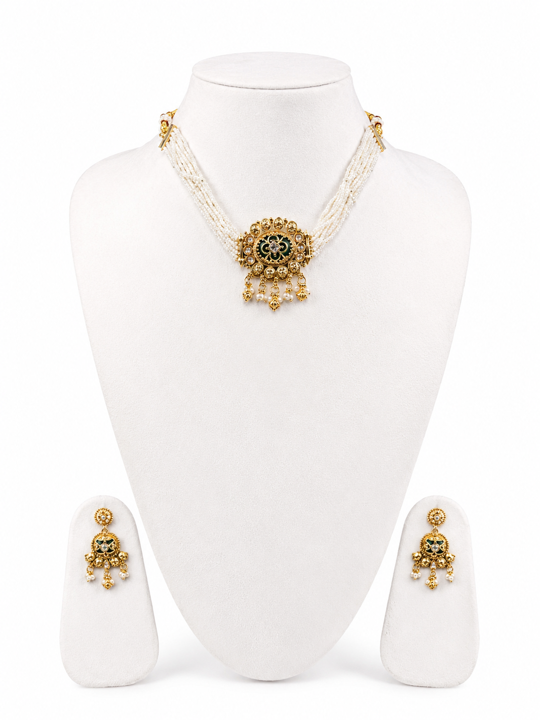Royal Pearl & Green Kundan Choker Necklace Set with Earrings for Women | Traditional Ethnic Jewelr