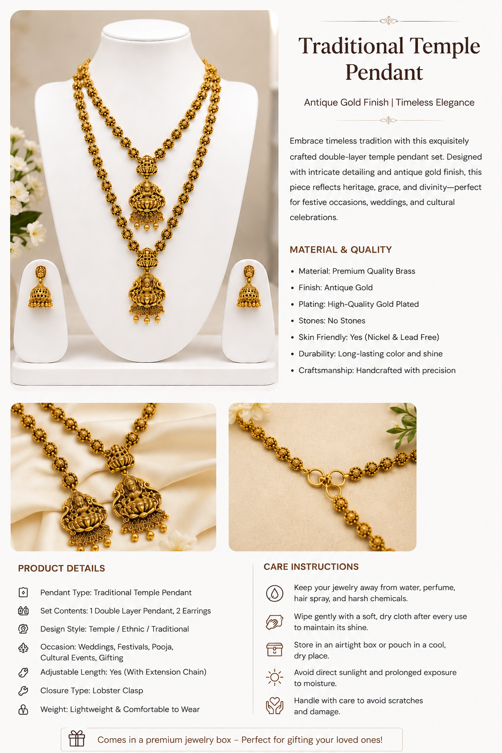 Traditional Temple Pendant Set with Jhumka Earrings – Antique Gold Finish