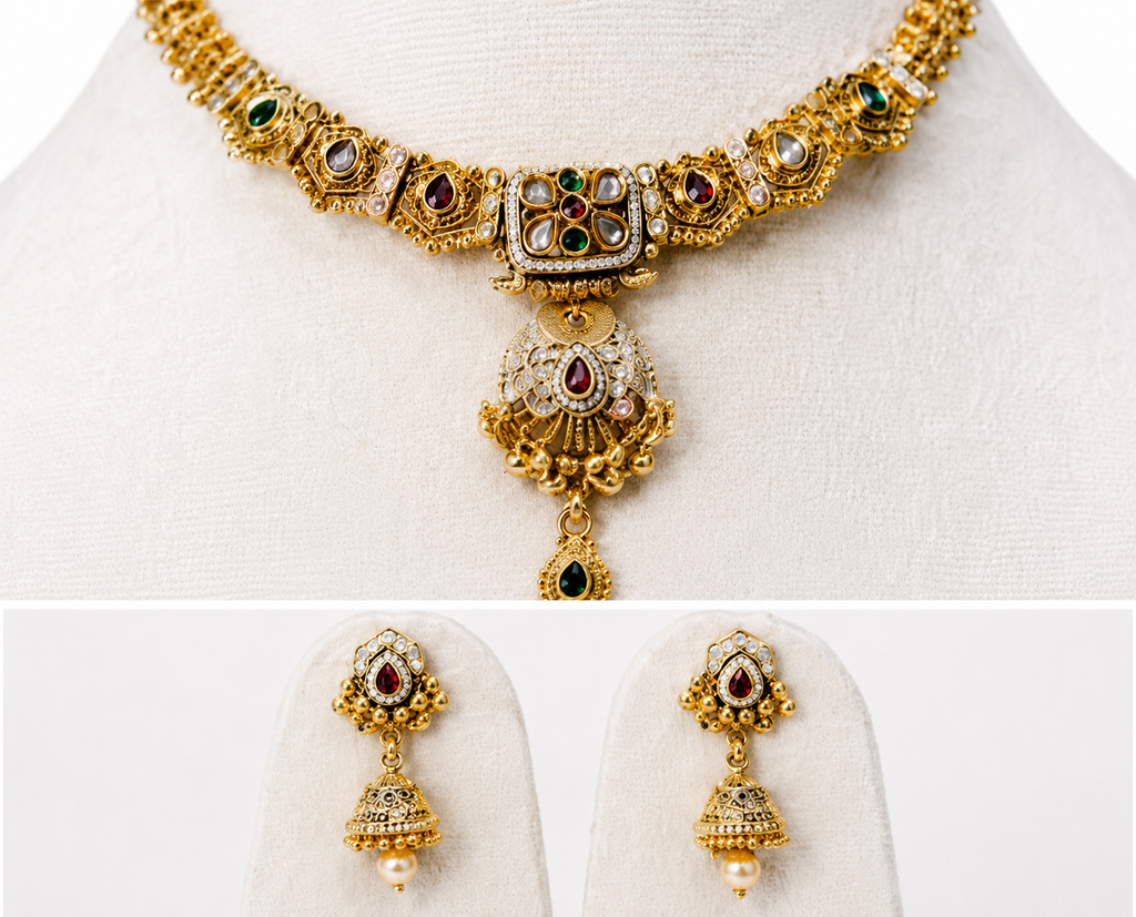 Royal Heritage Kundan Choker Necklace Set with Jhumka Earrings for Women | Gold Plated Traditional Bridal Jewelry
