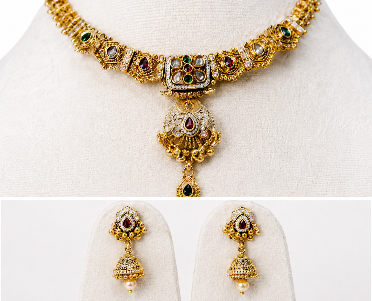 Royal Heritage Kundan Choker Necklace Set with Jhumka Earrings for Women | Gold Plated Traditional Bridal Jewelry