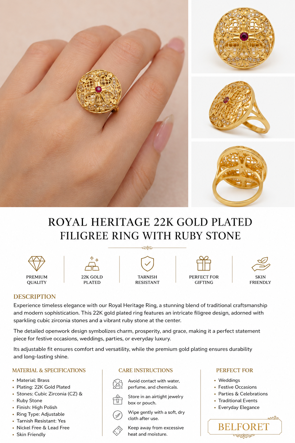 Gold Floral Adjustable Statement Ring