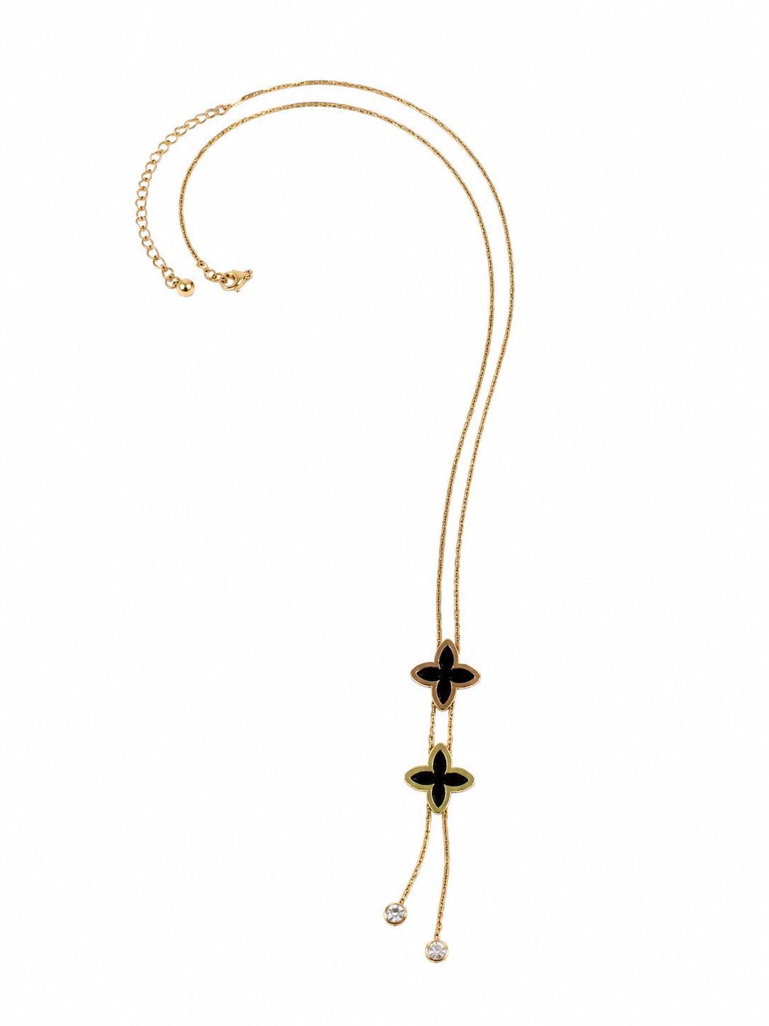 Belforet Enamel Clover Lariat Pendant Necklace for Women | 18K Gold Plated Stainless Steel | Black Clover Drop Necklace with Cubic Zirconia | Adjustable Hypoallergenic Minimalist Lucky Charm Jewelry - Anti Tarnish