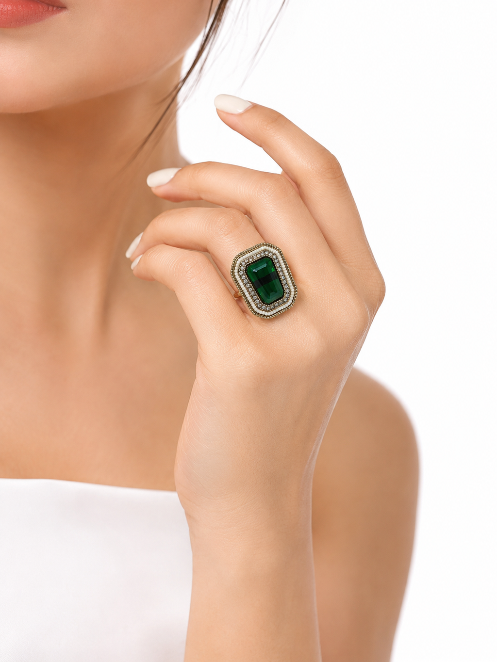 Gold Plated Stainless Steel Ring with Emerald-Cut Green Stone, Crystal Halo & Pearl Accents