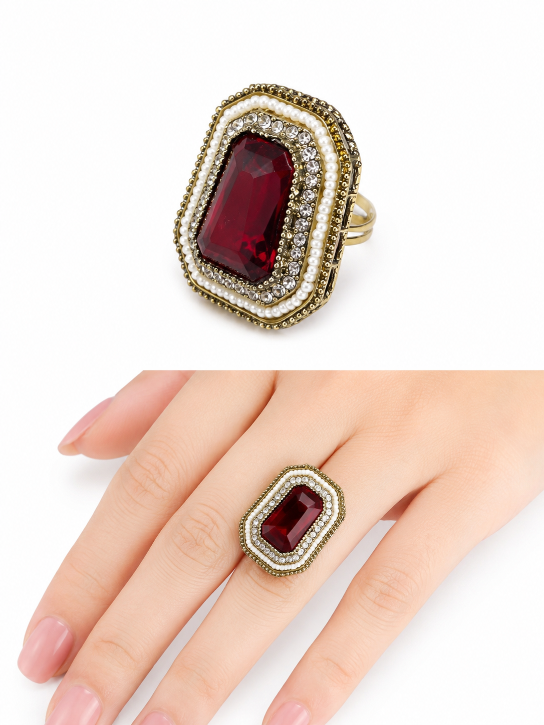 Gold Plated Stainless Steel Ring with Emerald-Cut Green Stone, Crystal Halo & Pearl Accents