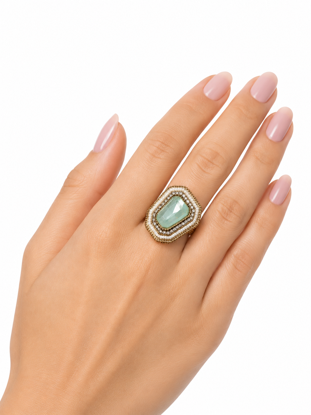 Gold Plated Stainless Steel Ring with Emerald-Cut Green Stone, Crystal Halo & Pearl Accents