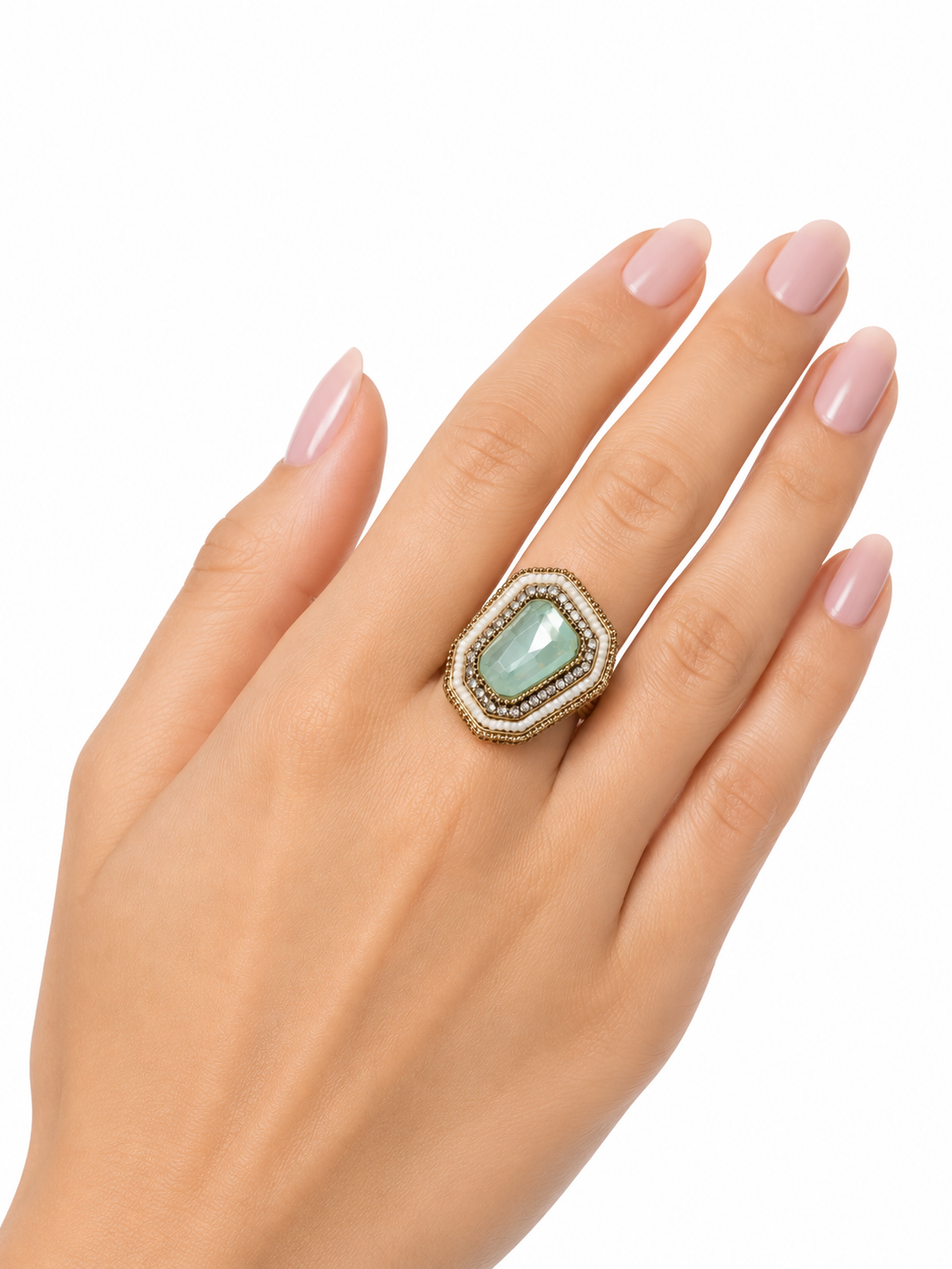Gold Plated Stainless Steel Ring with Emerald-Cut Green Stone, Crystal Halo & Pearl Accents