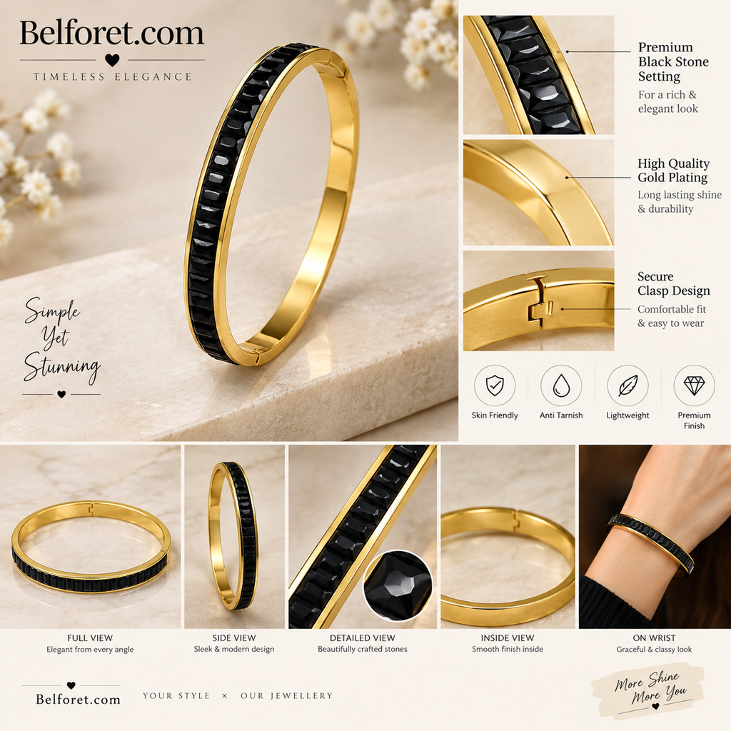 Anti tarnish Gold Tone Black Stone Bangle for Women | Elegant Openable Bracelet – Belforet
