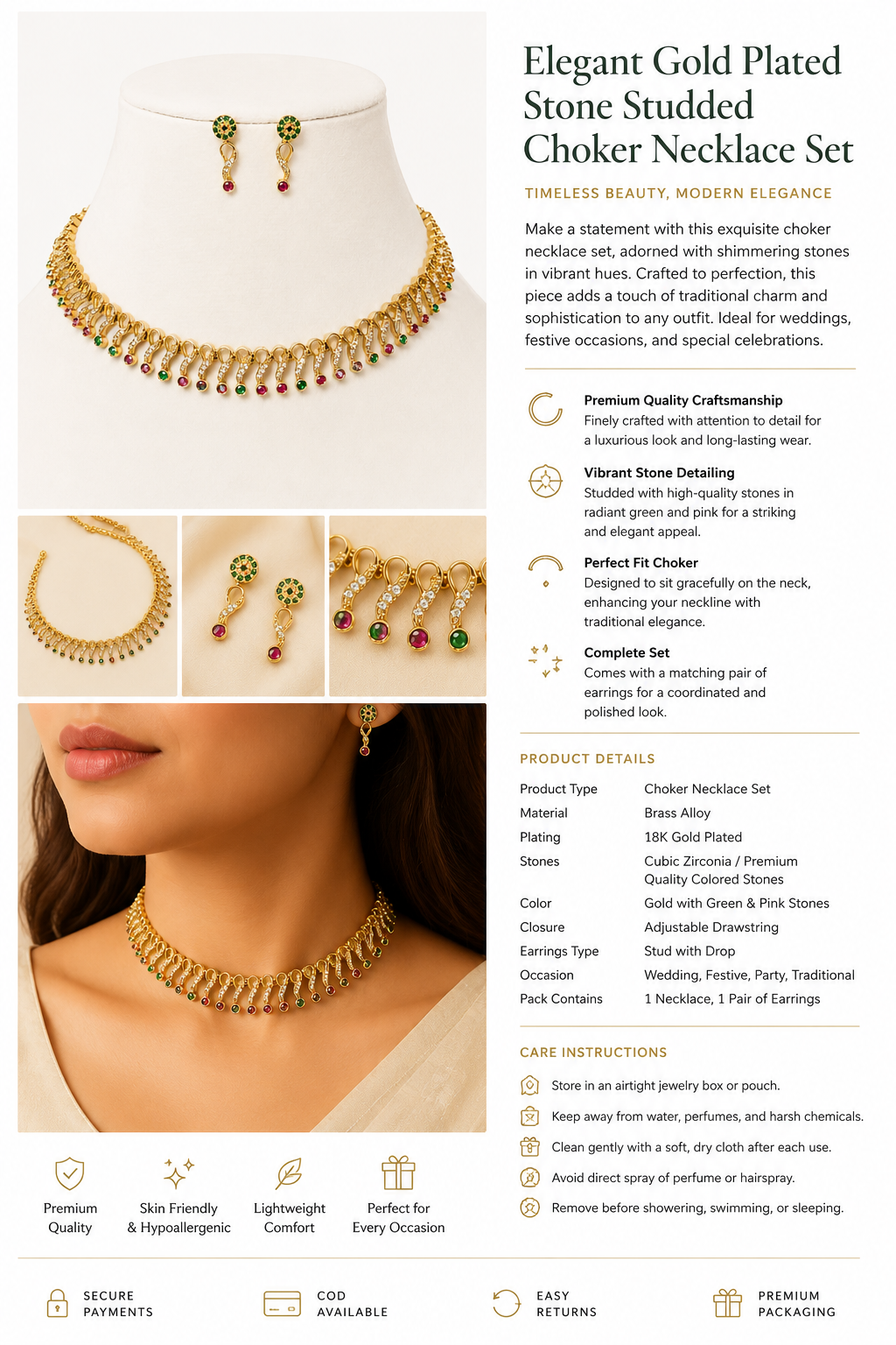 Belforet Gold-Plated American Diamond Choker Necklace Set with Green & Ruby Stones | Traditional Bridal Jewelry for Women