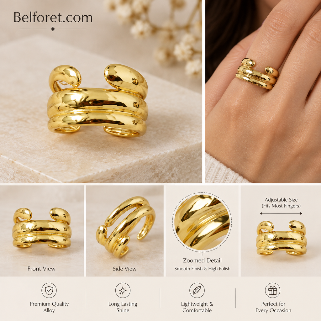 Anti tarnish Gold Tone Open Cuff Ring for Women – Chunky Triple Band Statement Ring