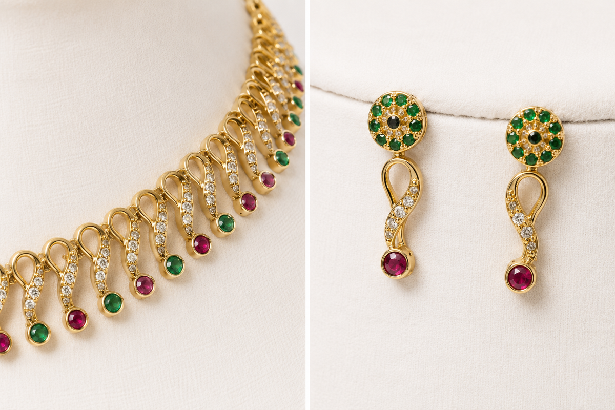 Belforet Gold-Plated American Diamond Choker Necklace Set with Green & Ruby Stones | Traditional Bridal Jewelry for Women