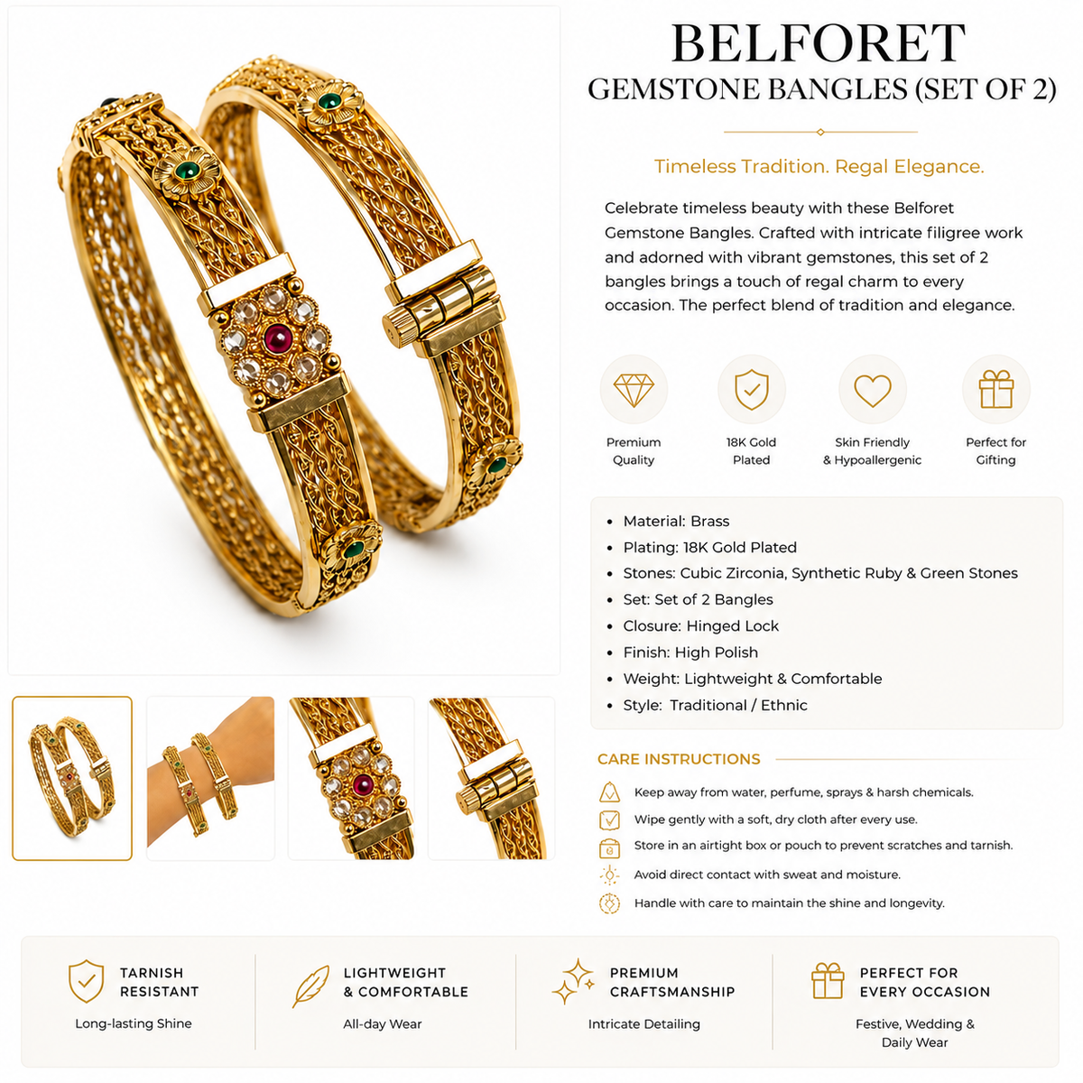Belforet 18K Gold Plated Gemstone Bangles (Set of 2)