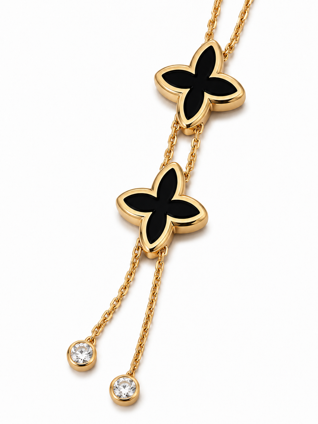 Belforet Enamel Clover Lariat Pendant Necklace for Women | 18K Gold Plated Stainless Steel | Black Clover Drop Necklace with Cubic Zirconia | Adjustable Hypoallergenic Minimalist Lucky Charm Jewelry - Anti Tarnish