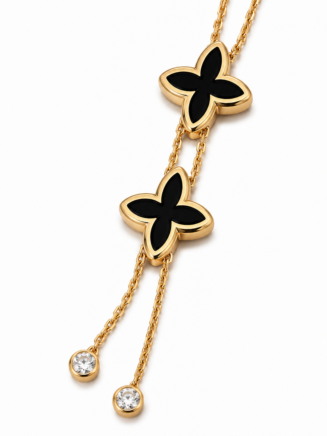 Belforet Enamel Clover Lariat Pendant Necklace for Women | 18K Gold Plated Stainless Steel | Black Clover Drop Necklace with Cubic Zirconia | Adjustable Hypoallergenic Minimalist Lucky Charm Jewelry - Anti Tarnish