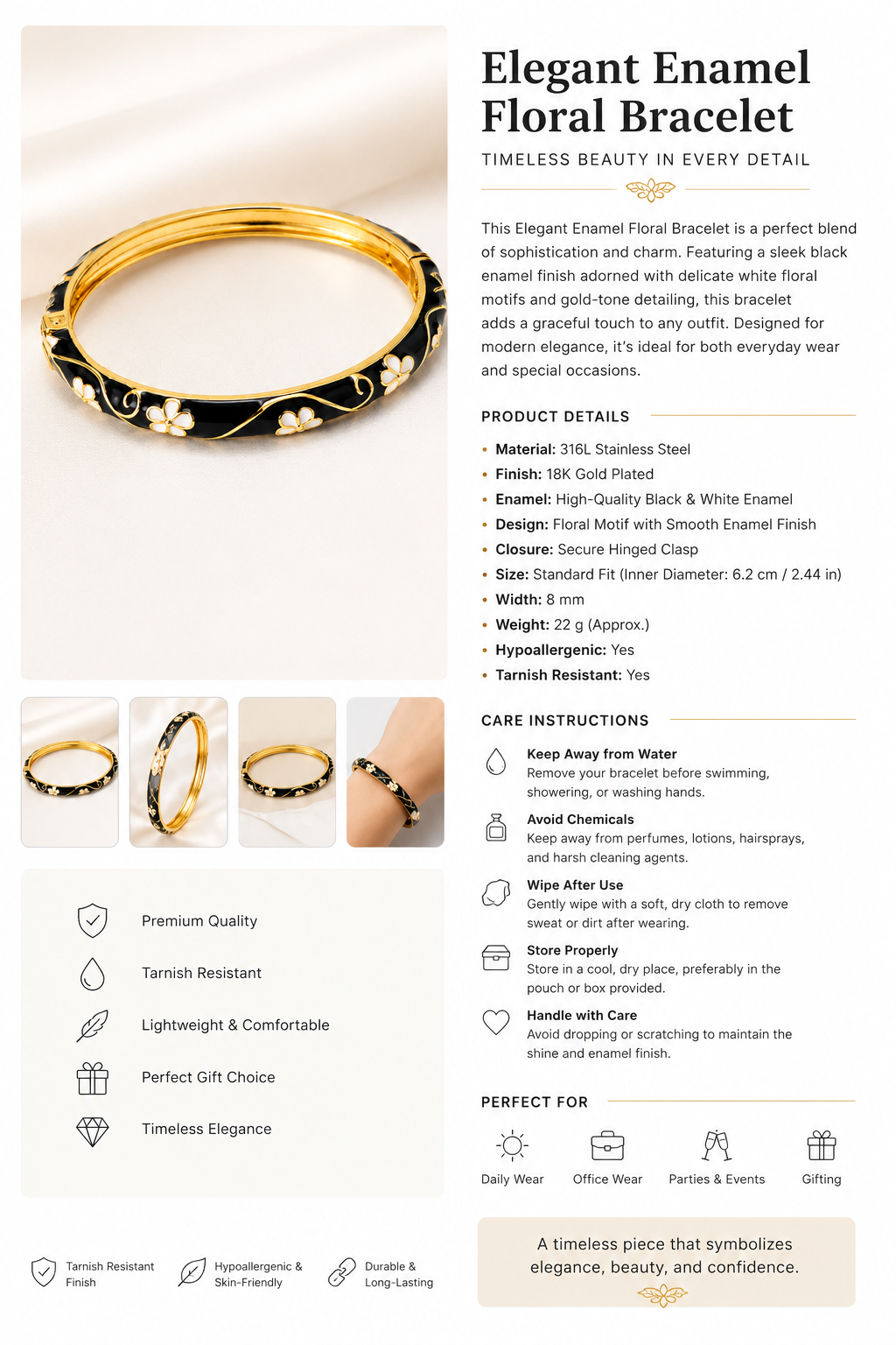 Black & White Floral Enamel Bracelet for Women | 18K Gold Plated Bangle - Anti Tarnish