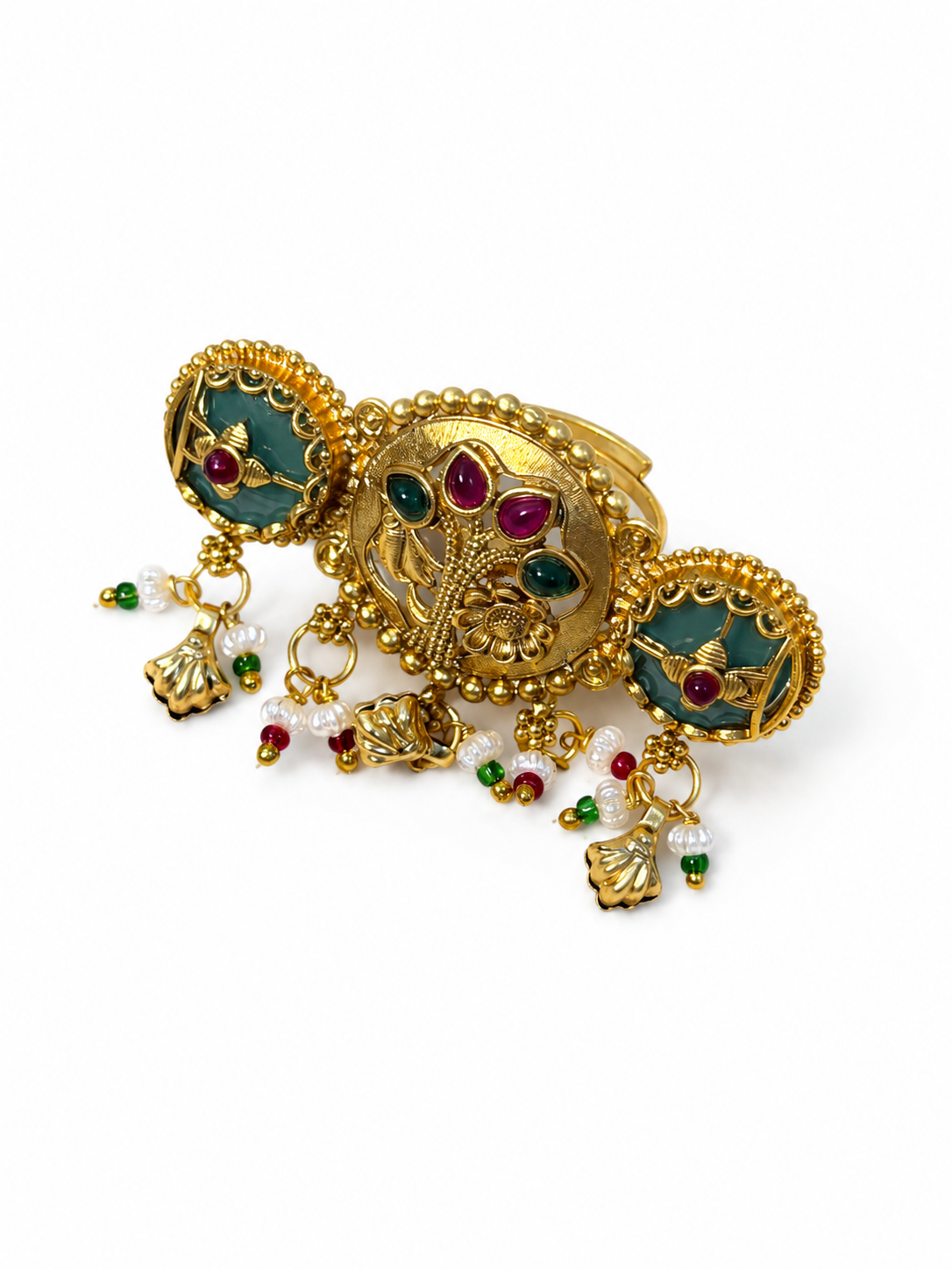 Traditional Gold-Tone Adjustable Statement Ring with Pearl Charm