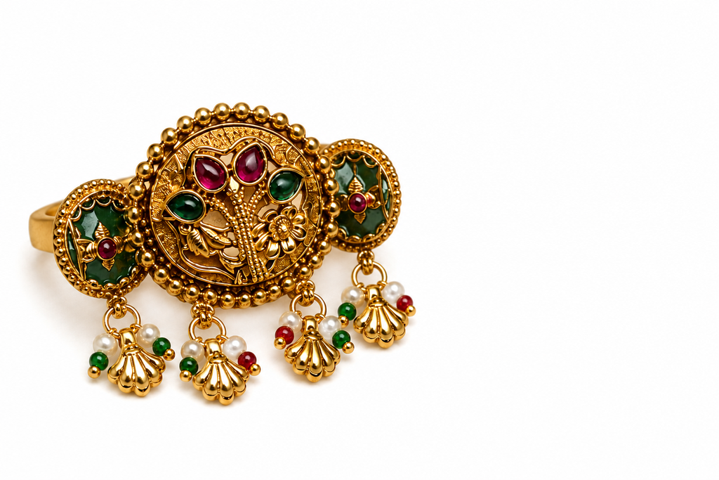 Traditional Gold-Tone Adjustable Statement Ring with Pearl Charm