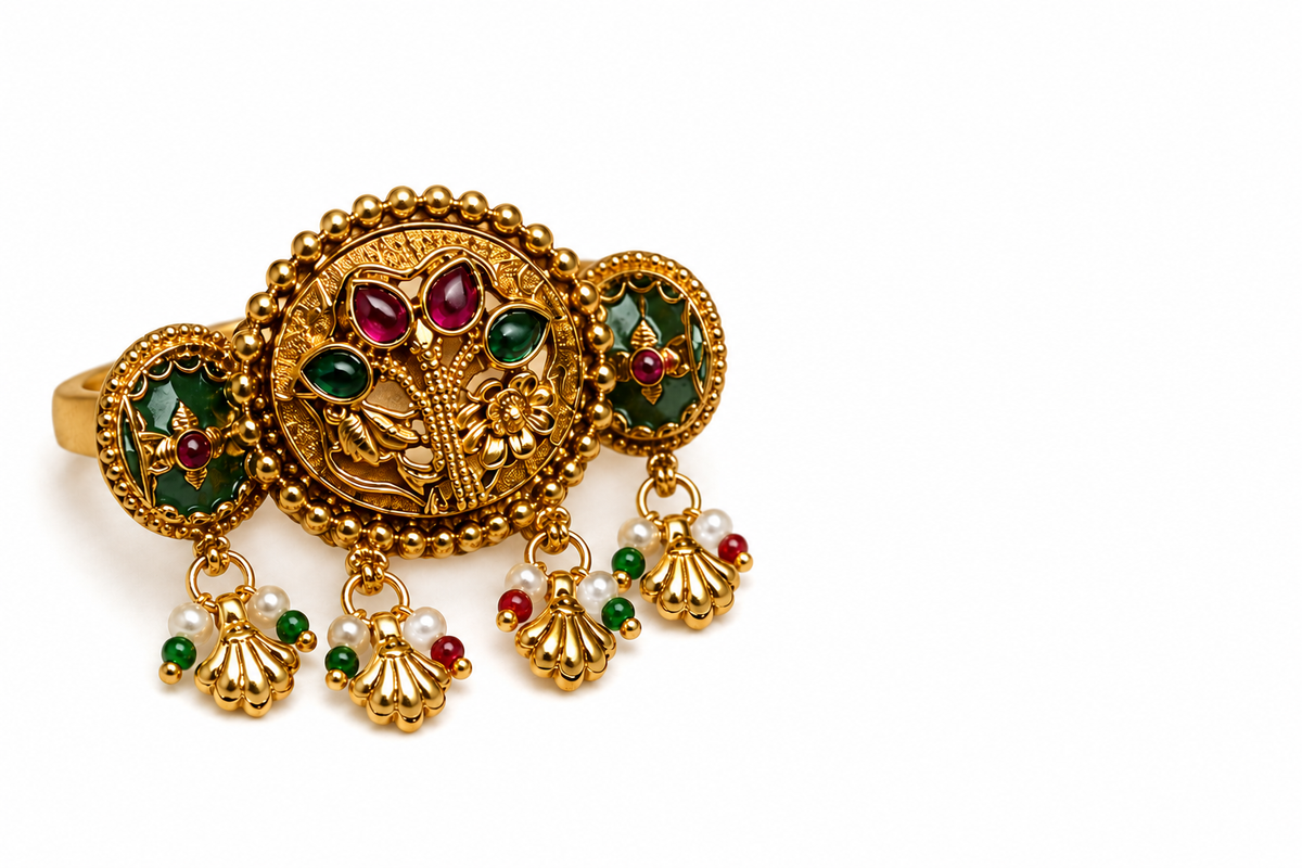 Traditional Gold-Tone Adjustable Statement Ring with Pearl Charm