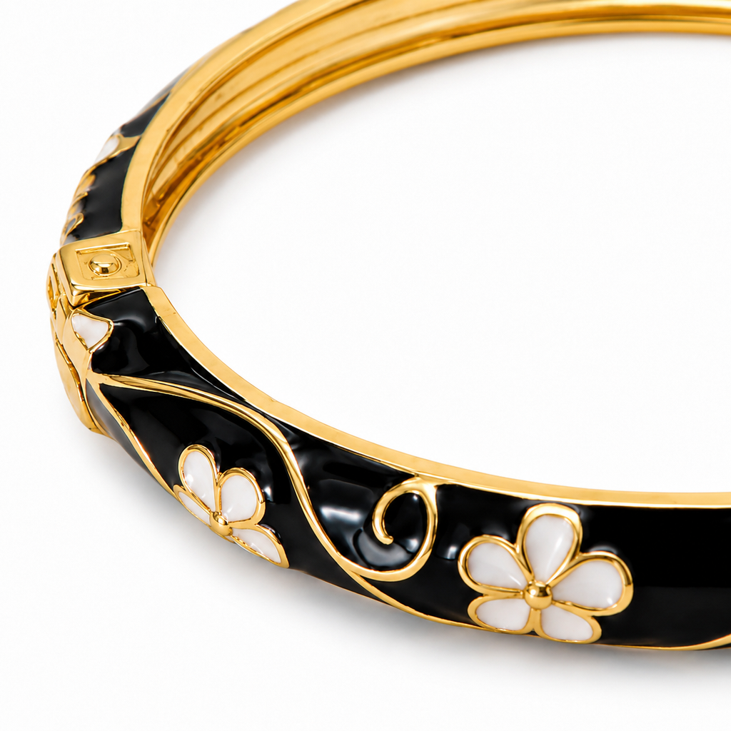 Black & White Floral Enamel Bracelet for Women | 18K Gold Plated Bangle - Anti Tarnish