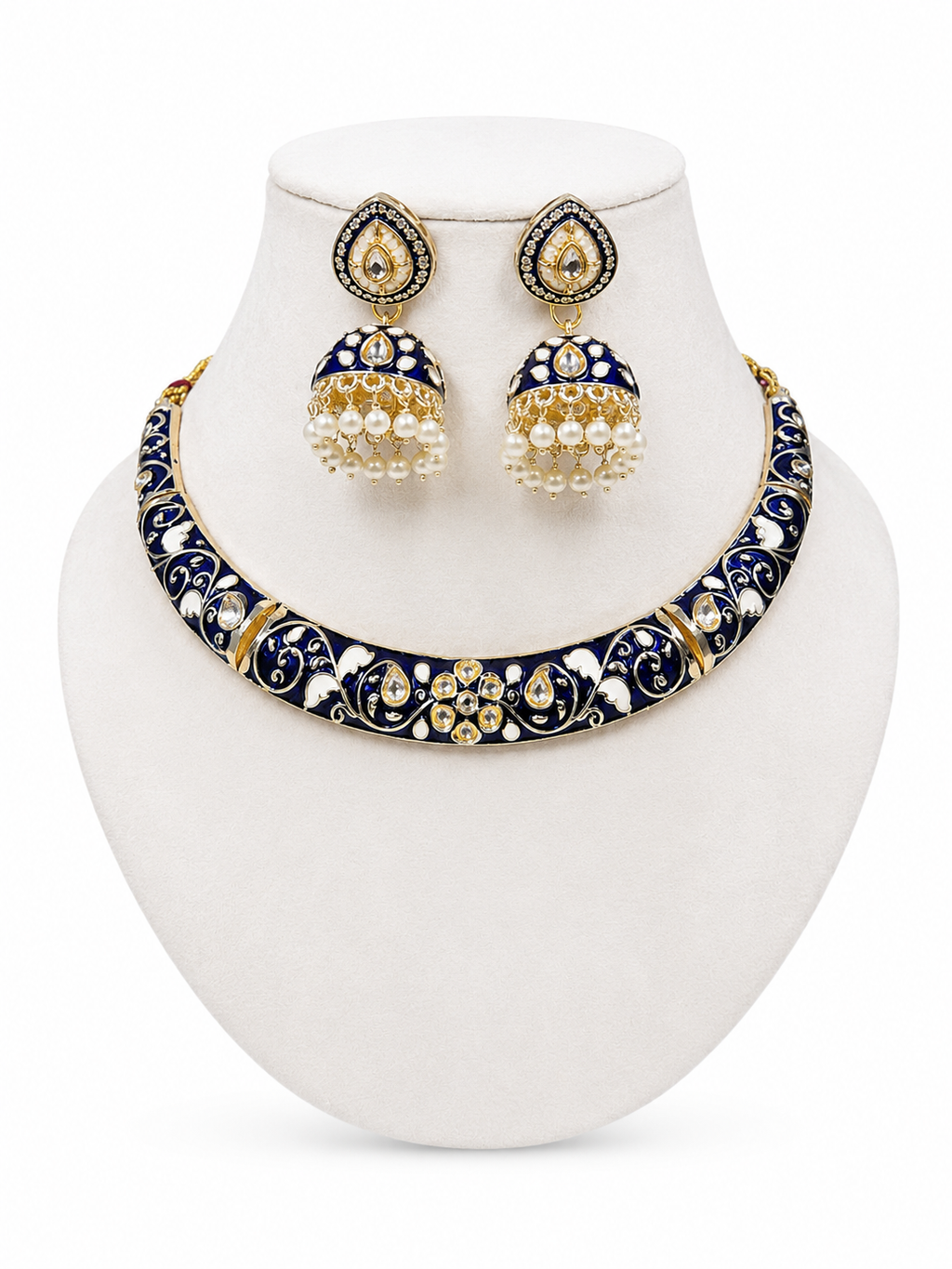 Royal Blue Meenakari Kundan Choker Necklace Set with Pearl Jhumka Earrings | 18K Gold Plated Traditional Bridal Jewelry | Handcrafted Enamel Wedding Necklace Set for Women | Belforet