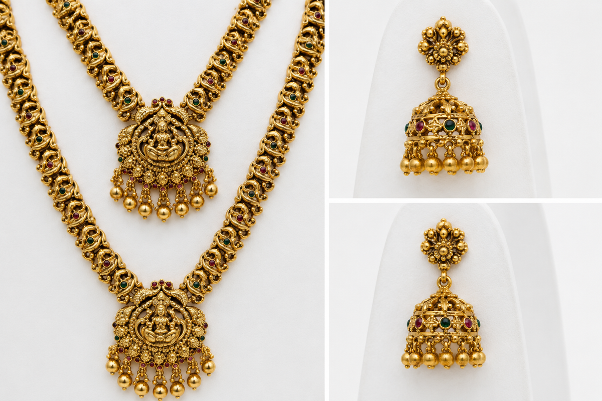 Belforet Divine Temple Jewelry Set for Women – Dual Layer Gold-Plated Lakshmi Haram Necklace with Jhumka Earrings