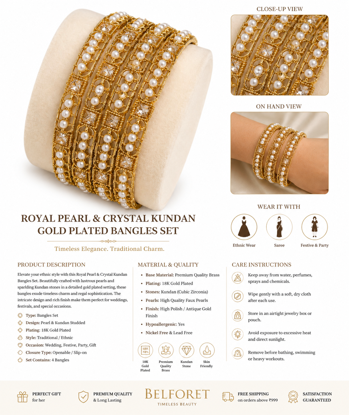 Gold Pearl & American Diamond Bangles Set