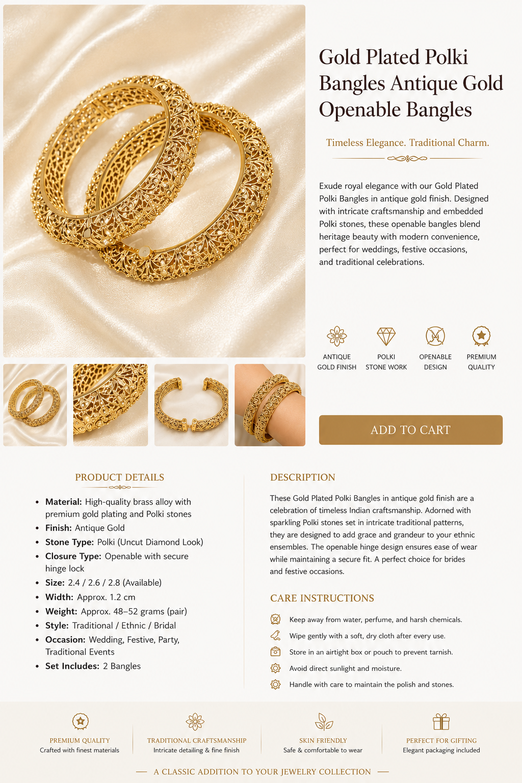 Belforet Gold Plated Polki Bangles for Women | Antique Gold Openable Bridal Bangles | Traditional Ethnic Kada Bracelet | Premium Brass Alloy Wedding & Festive Jewelry (Pair)