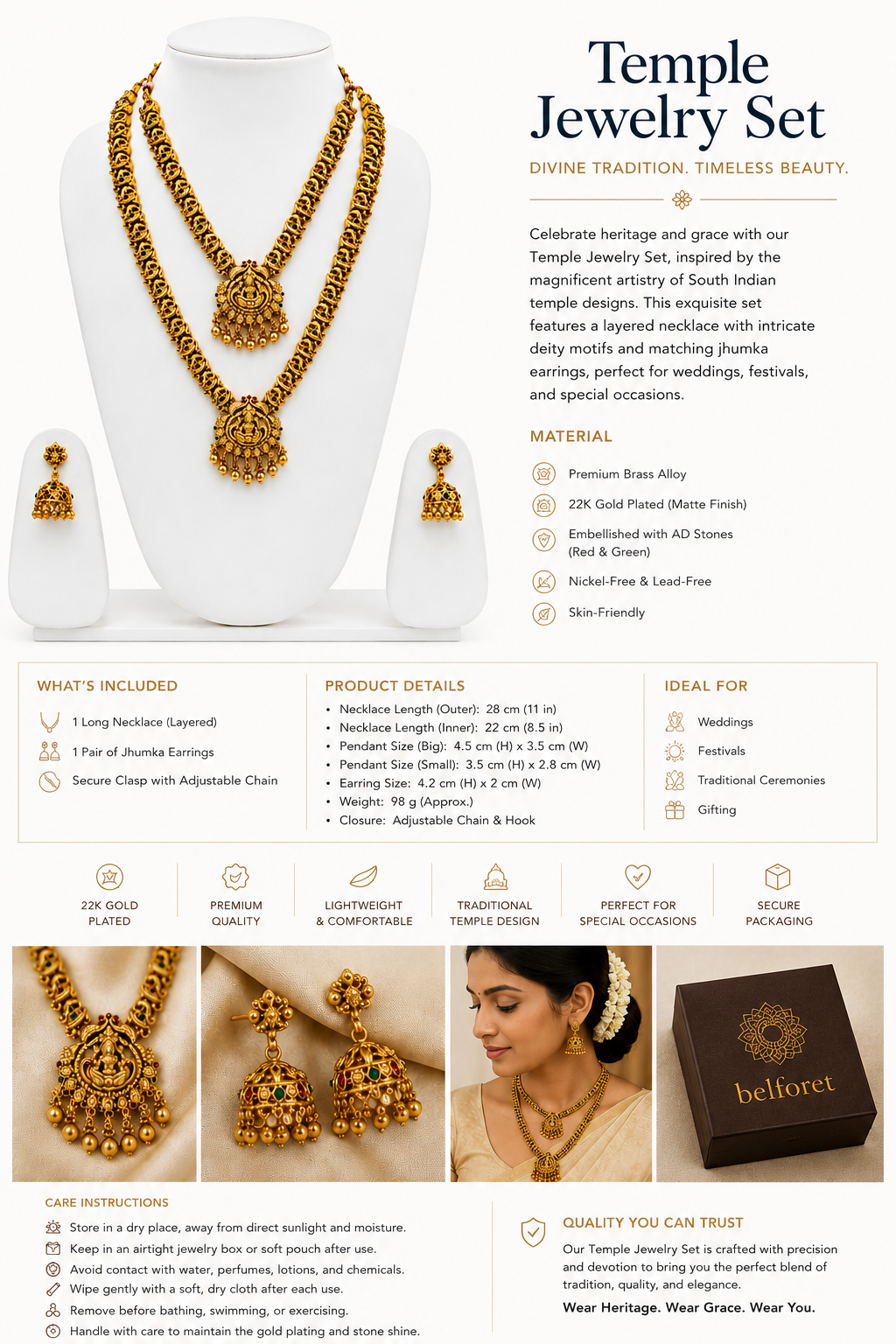 Belforet Divine Temple Jewelry Set for Women – Dual Layer Gold-Plated Lakshmi Haram Necklace with Jhumka Earrings
