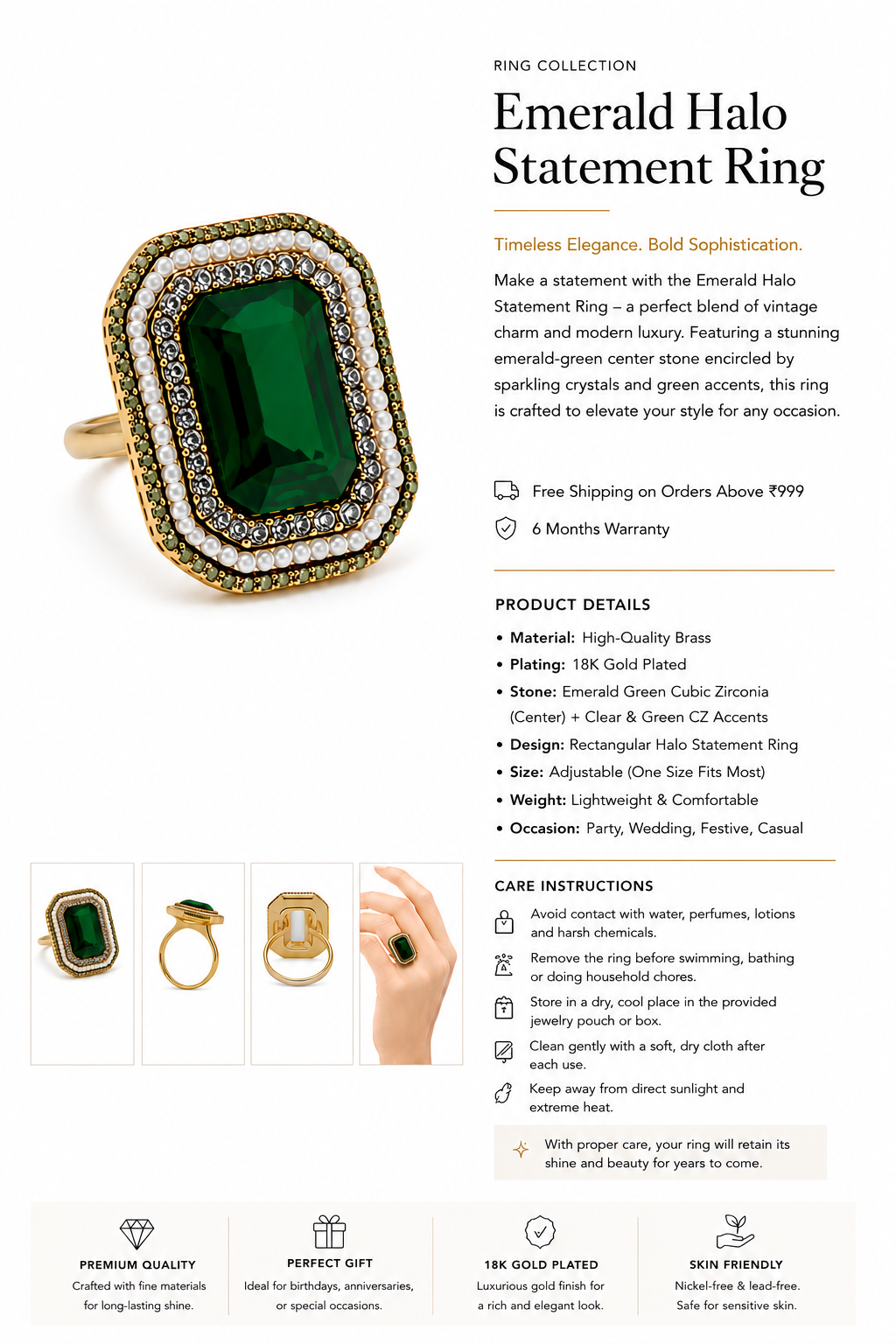 Gold Plated Stainless Steel Ring with Emerald-Cut Green Stone, Crystal Halo & Pearl Accents