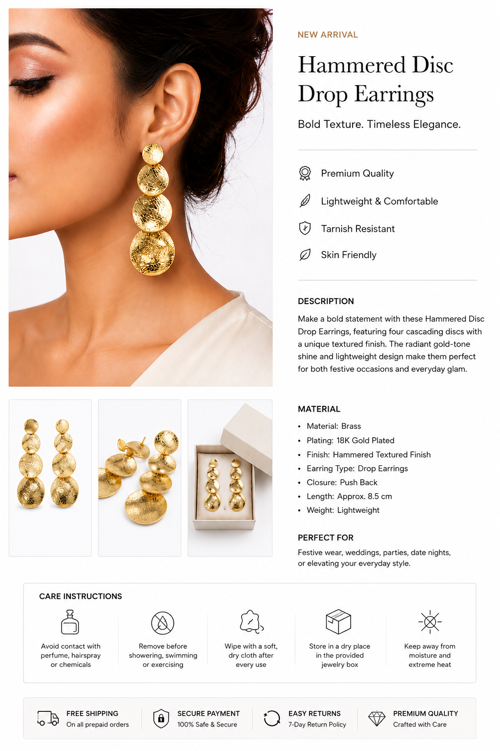 Gold-Tone Triple Disc Statement Earrings - Anti Tarnish