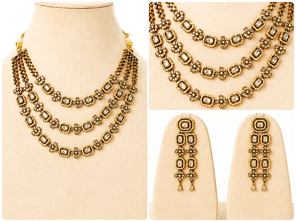 Luxury American Diamond Triple Layer Necklace & Earrings Set for Women
