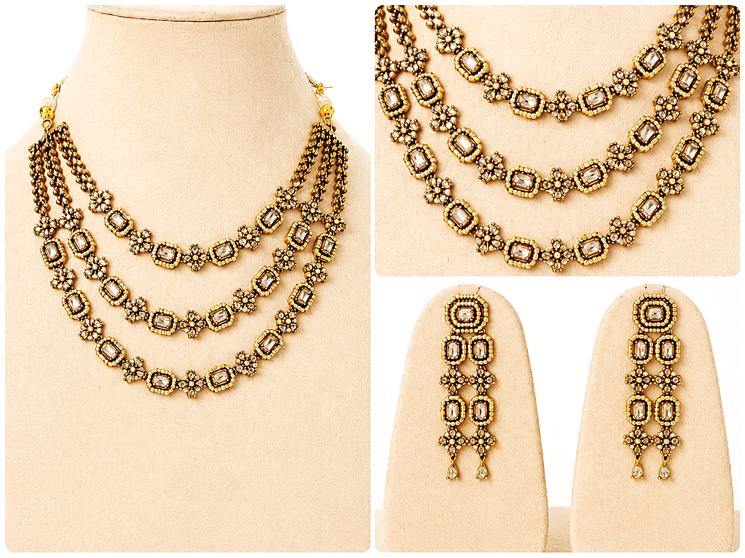 Luxury American Diamond Triple Layer Necklace & Earrings Set for Women