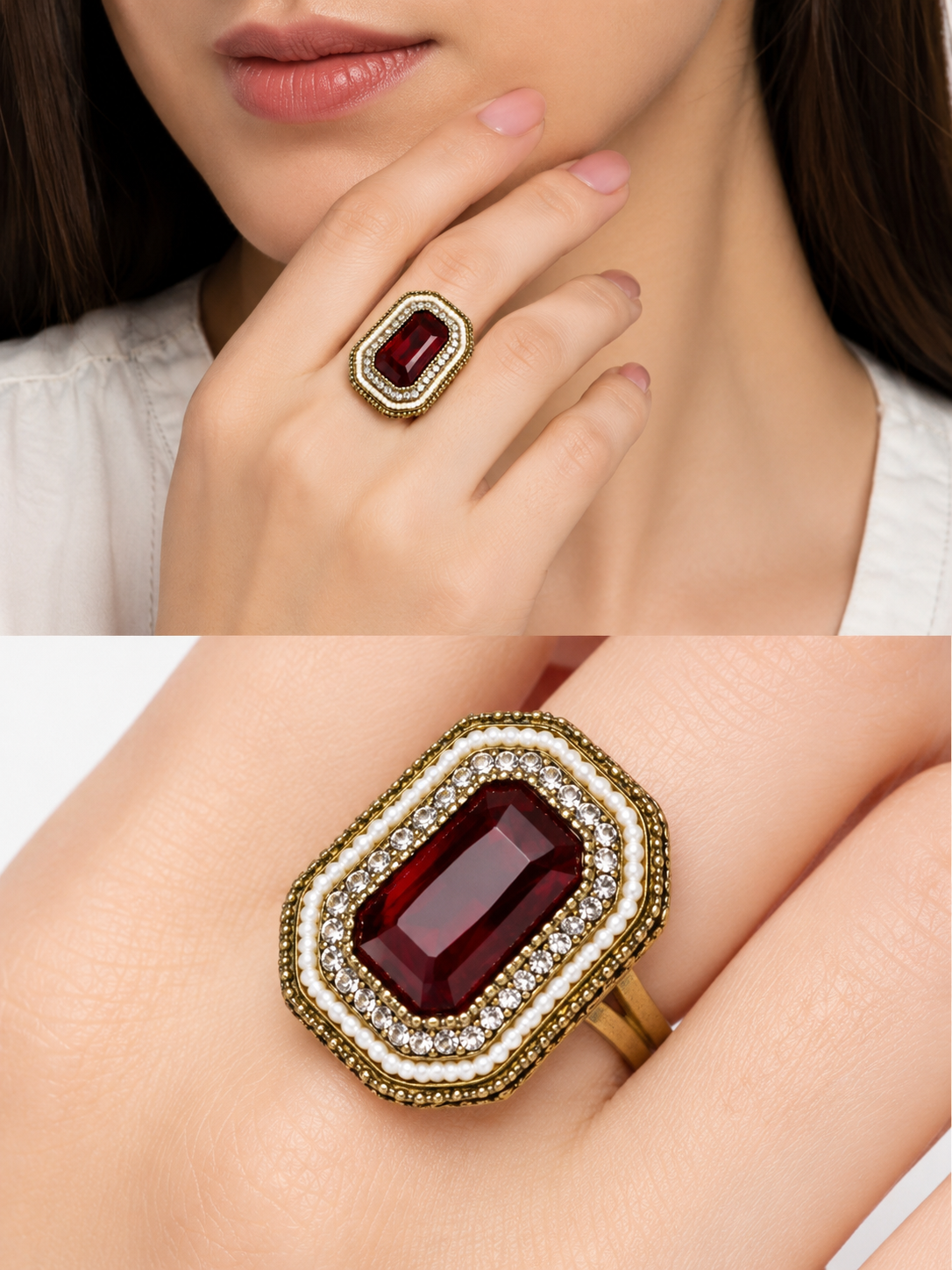 Gold Plated Stainless Steel Ring with Emerald-Cut Green Stone, Crystal Halo & Pearl Accents