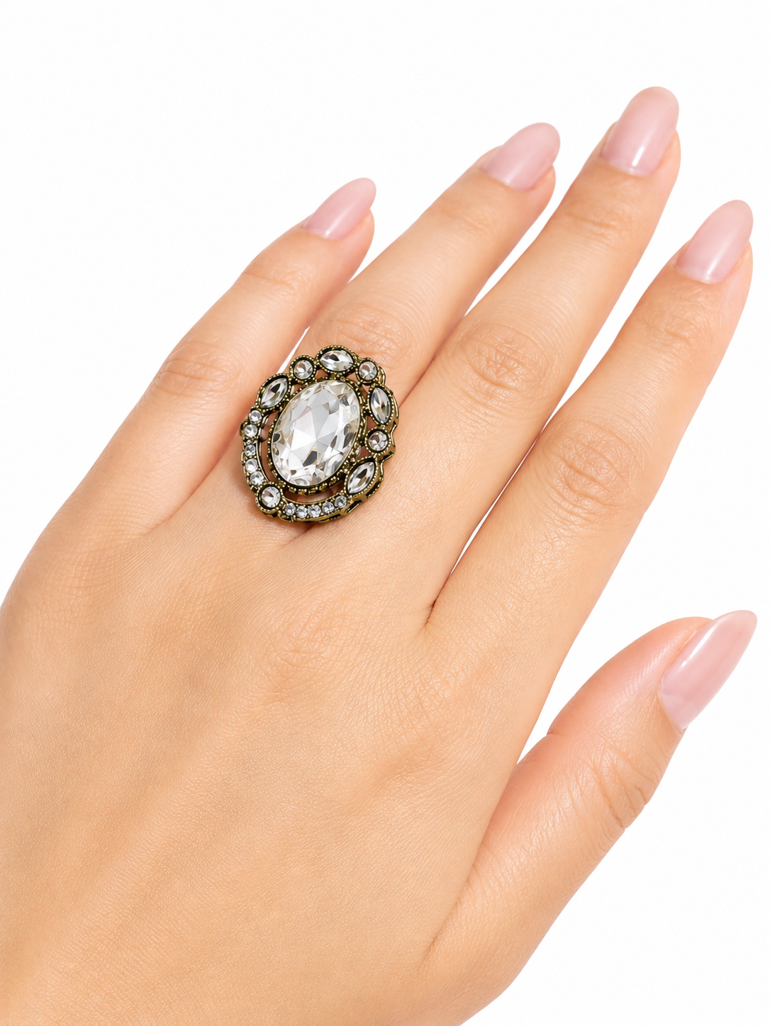 Regal Halo Vintage Statement Ring for Women | Antique Gold Crystal Adjustable Cocktail Ring