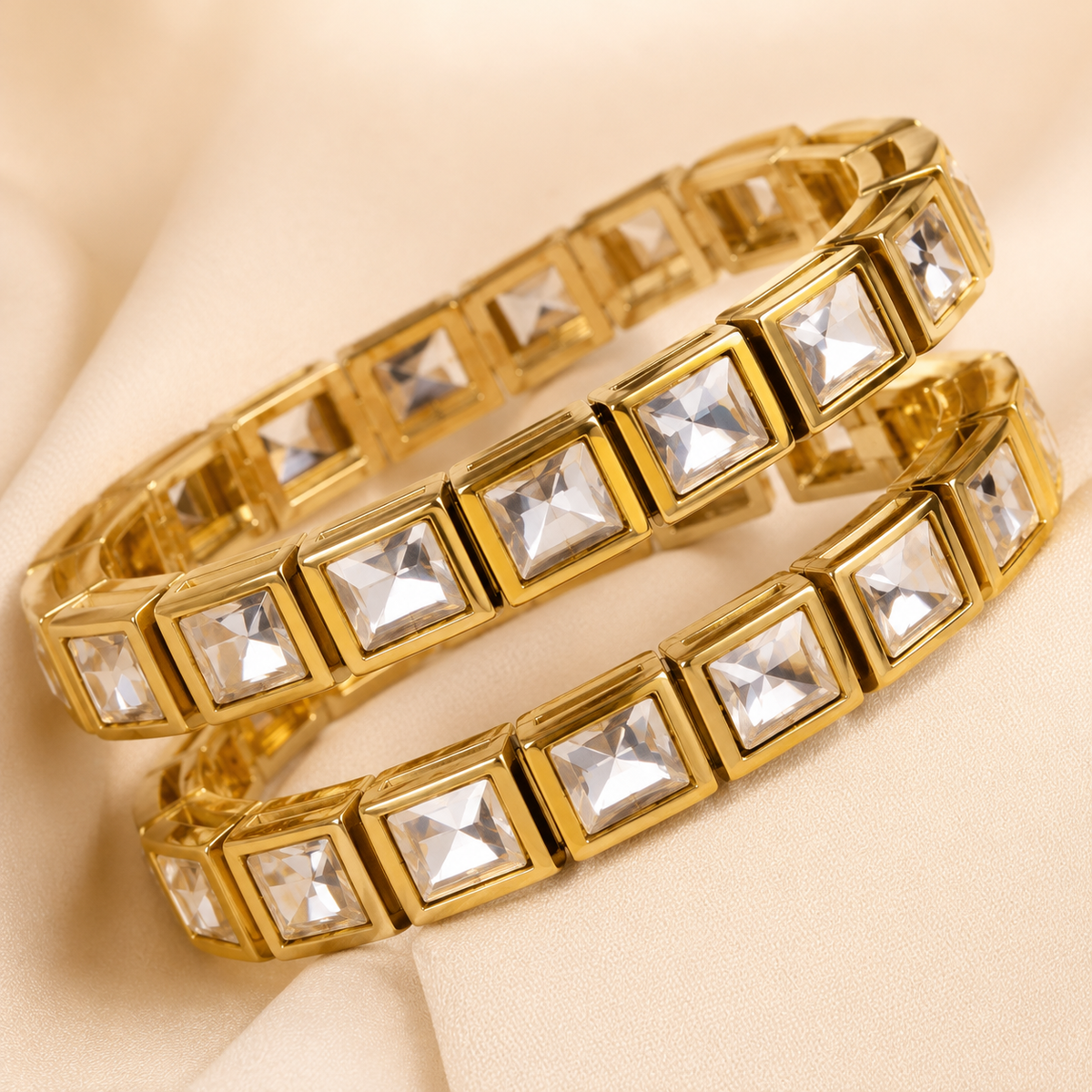 Luxe Square Crystal Bangles Set for Women – Gold Plated Cubic Zirconia Bracelet Bangles | Elegant Party, Wedding & Festive Jewelry