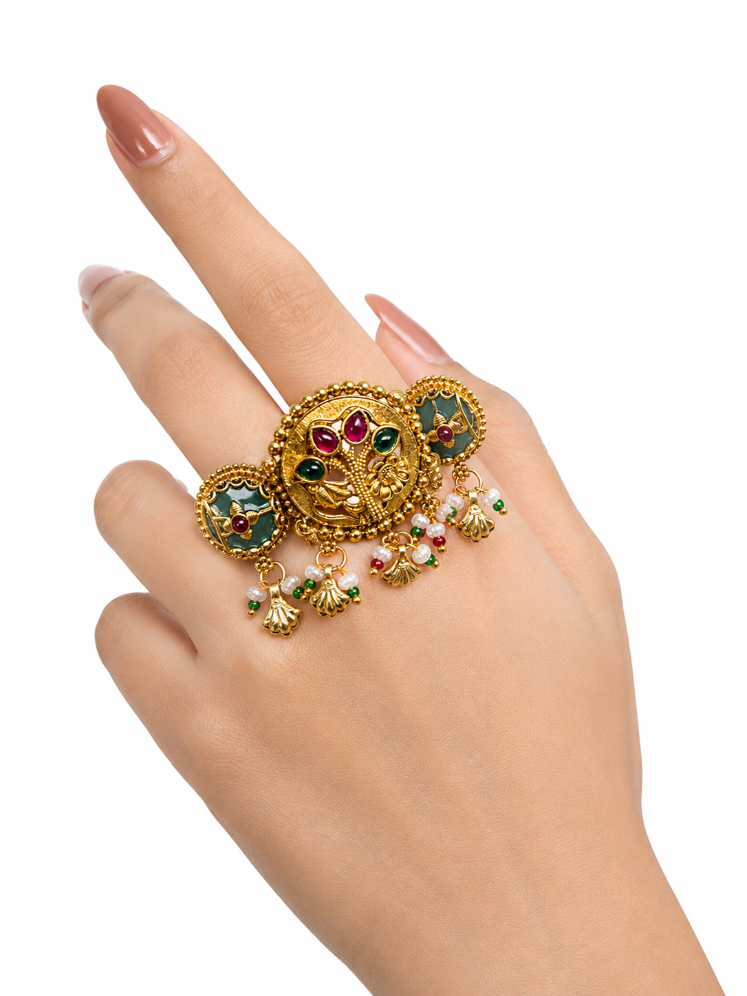 Traditional Gold-Tone Adjustable Statement Ring with Pearl Charm