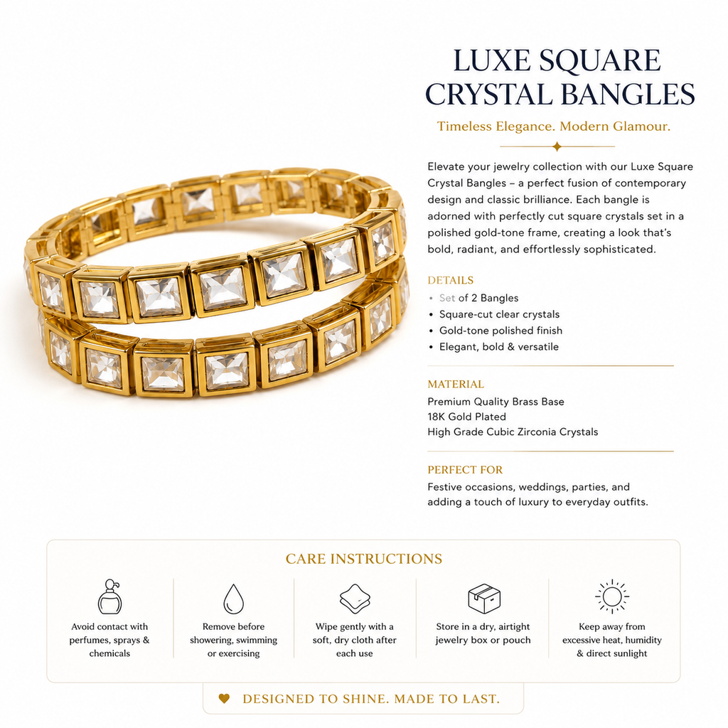 Luxe Square Crystal Bangles Set for Women – Gold Plated Cubic Zirconia Bracelet Bangles | Elegant Party, Wedding & Festive Jewelry