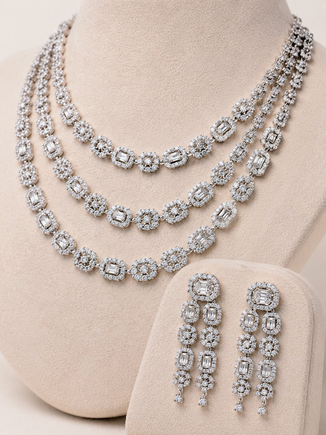Luxury American Diamond Triple Layer Necklace & Earrings Set for Women