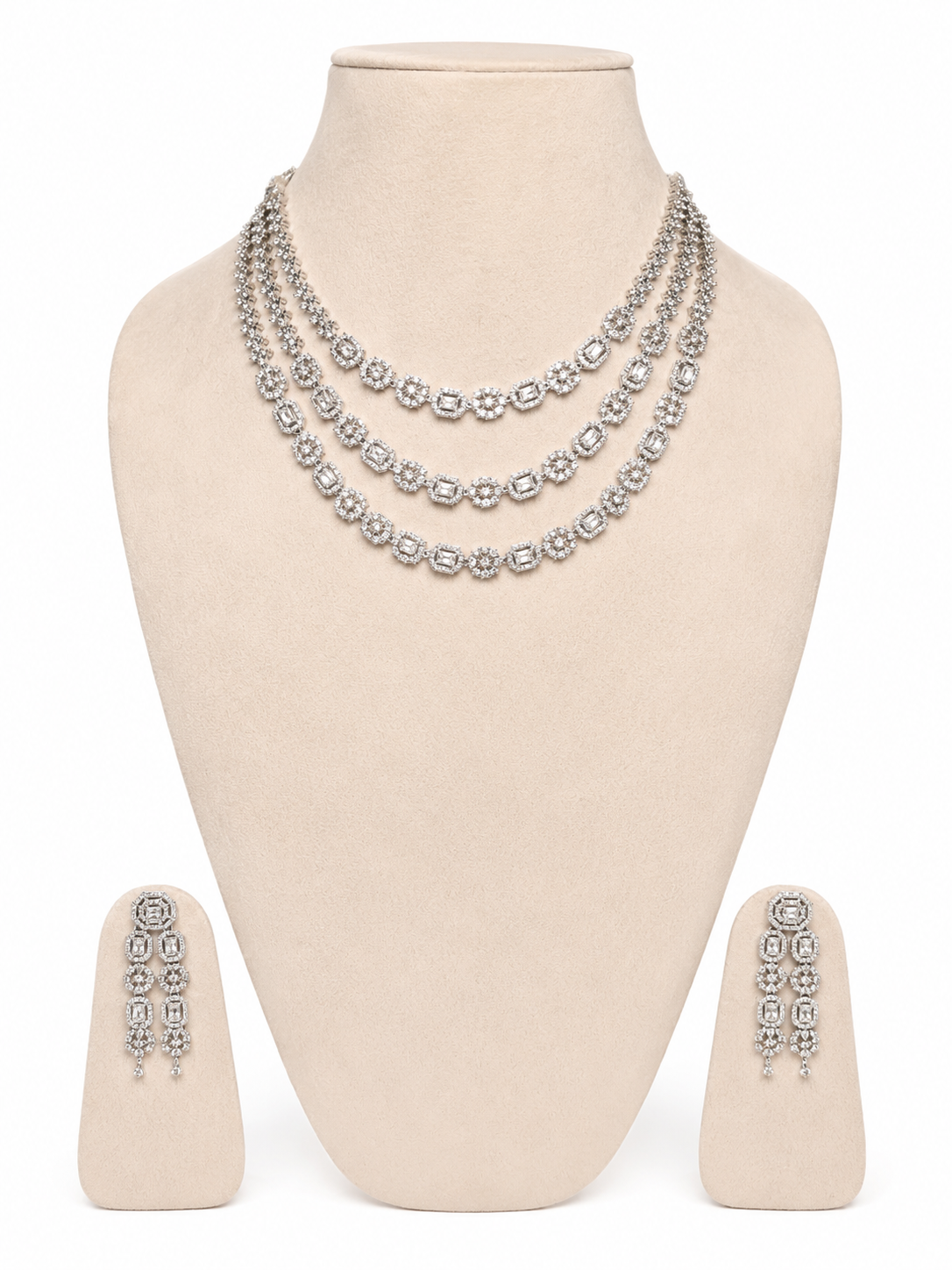 Luxury American Diamond Triple Layer Necklace & Earrings Set for Women