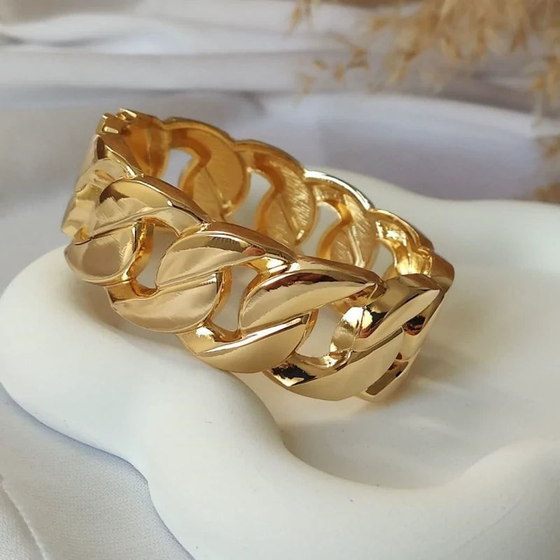 Anti tarnish Gold Tone Statement Cuff Bracelet for Women | Elegant Textured Link Bangle